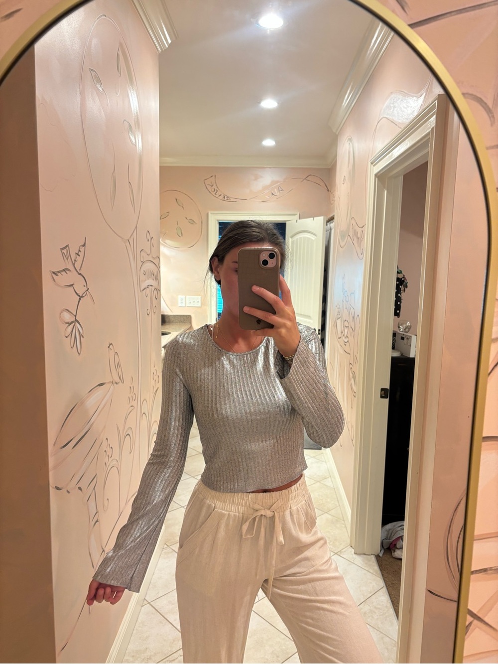 HYFVE Silver Ribbed Long Sleeve Crop Top